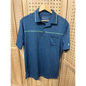 Under Armour Mens HeatGear Polo Shirt Blue Lime Green Striped Pocket Small SM